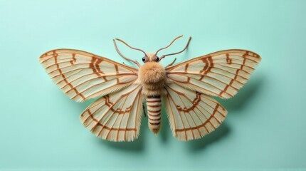 Obraz premium Colorful Moth with Striped Wings and Antennae on Bright Blue Background
