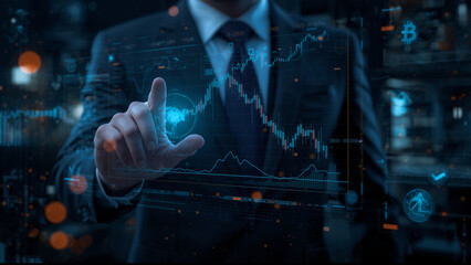 Businessman in a suit analyzing a glowing blue holographic financial chart on a virtual interface.