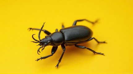 Black Beetle on Bright Yellow Background in Close-up Shot