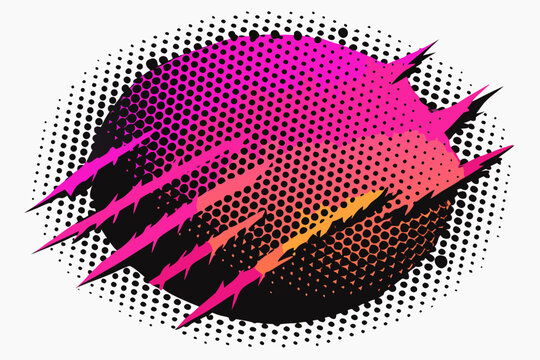 Dynamic abstract splash with vibrant pink to orange gradient and edgy black claw marks over a halftone dot pattern, perfect for energetic branding and modern design projects.