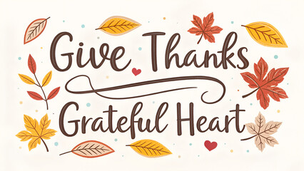 Hand-drawn Thanksgiving typography phrases — “Give Thanks,” “Grateful Heart,” with decorative autumn leaves.
