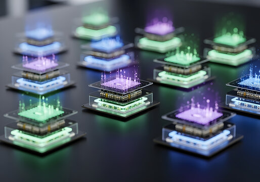 Futuristic computer processors with glowing layers emit colorful light, representing high-speed data processing.