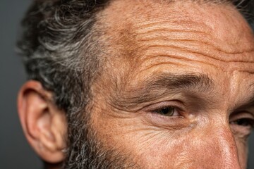 Obraz premium Close up on a man's face with wrinkles, gray hair, and a trimmed beard. Illustrates aging, skin care, health, and male grooming concepts well.