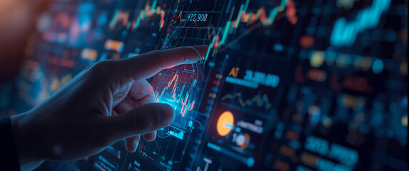 A trader's hand touching a glowing digital screen, analyzing complex stock market data, charts, and financial statistics.
