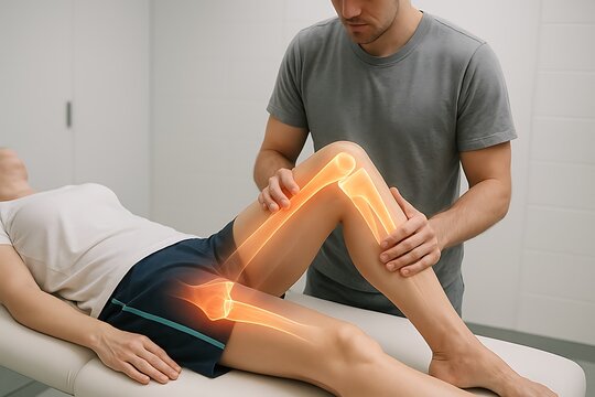 physiotherapist performing knee therapy, assisting patient with rehabilitation and strengthening exercises to improve knee joint mobility, chiropractor health therapies treatment