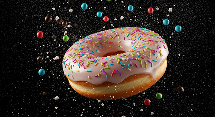 Glazed Donut Floating in Mid-Air with Colorful Sprinkles and Powdered Sugar Burst