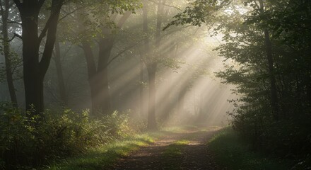 Obraz premium Misty forest path sunlight