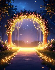 Obraz premium A beautiful floral archway illuminated by soft lights, creating a magical atmosphere for events or celebrations.