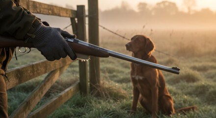A Caucasian man holding a hunting rifle with a dog nearby in a foggy meadow. Wildlife pursuit and sport hunting.