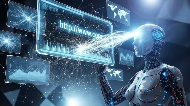Futuristic Robot Interacting with Data and Internet Information.