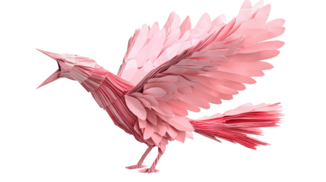 intricately pink paper bird stands with spreading wings on white background
