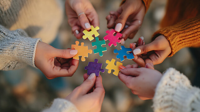 Diverse hands connect colorful puzzle pieces symbolizing unity and teamwork - Powered by Adobe