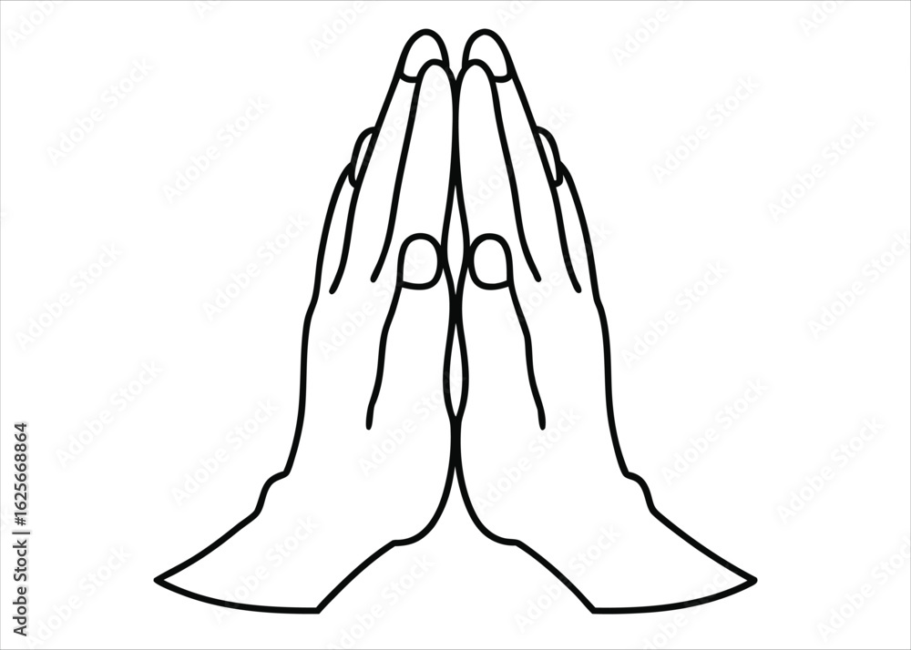 Poster elegant line art depicting praying hands in a minimalist black and white style suitable for various 
