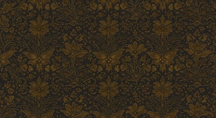 Elegant vintage pattern with golden moths and ornate flowers on a dark background. A seamless decorative floral concept.