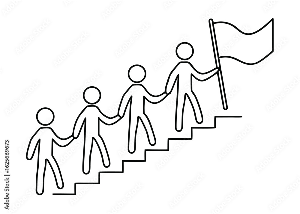 Poster a singular unbroken line art depiction showcasing a group of diverse team members collaborating harm