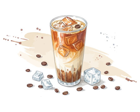 watercolor iced coffee latte vector illustration isolated on white background