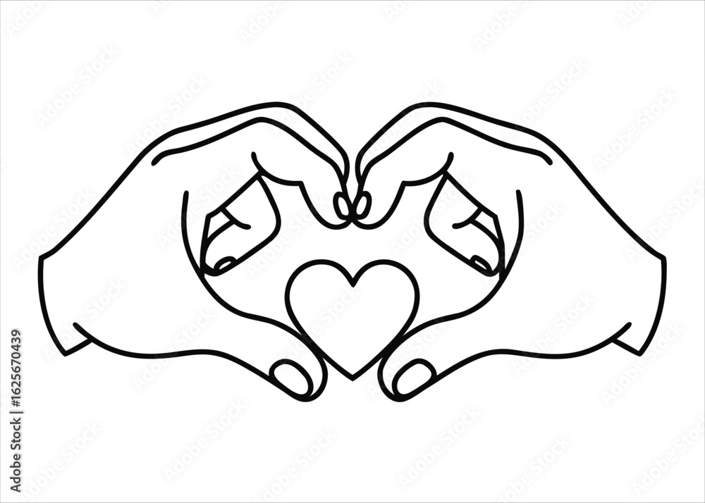 Poster artistic line drawing depicting two hands gently holding two interconnected hearts in a minimalist a