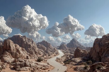 Obraz premium Winding road through rocky hills, fluffy clouds fill a bright blue sky. Use this beautiful scene for travel, nature, or even surreal concepts.