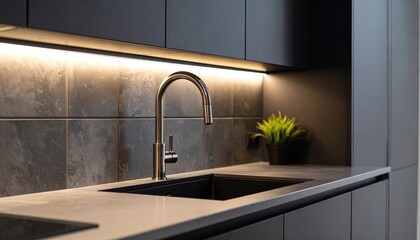 Sleek contemporary kitchen design with sink and ambient under-cabinet lighting