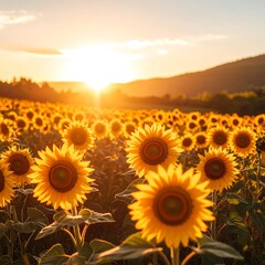 Fototapeta premium A vibrant field of sunflowers bathed in the warm, golden light of sunset. An idyllic summer landscape, perfect for nature, agriculture, or peaceful concepts.