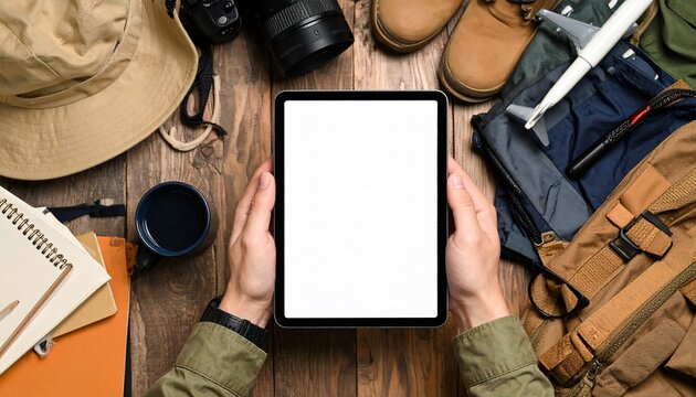 Travel Planning: Top View of Tablet and Essentials