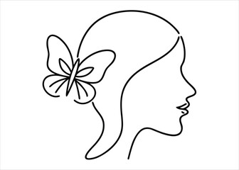Artistic hand drawn portrait of a woman s head adorned with a delicate butterfly composition for promotional materials