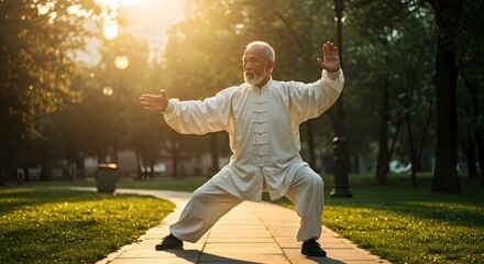 Obraz premium Elderly man in white clothing practicing Tai Chi in a park on a sunny day, focused on balance and movement.