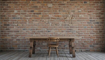 Rustic wooden table and chair placed in front of aged textured brick wall interior design setup