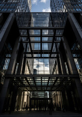 Obraz premium Looking up at the imposing entrance of a modern glass and steel skyscraper with sky reflections.