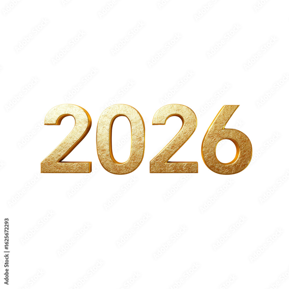 Poster artistic 3d rendering of the year 2026 in elegant gold tone with shiny surface and soft shadow