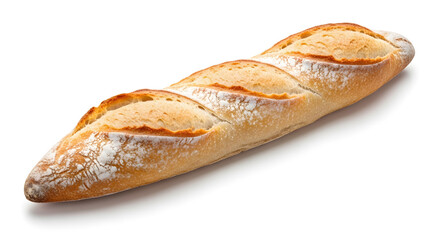 A freshly baked French baguette with a crispy golden crust, dusted with flour and isolated on a white background.