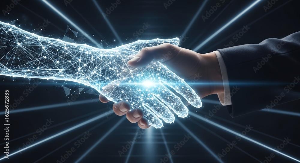 Aufkleber digital handshake between a human and a virtual hand with glowing connections, concept for artificia