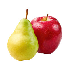 Fresh Green Pear and Red Apple Together on White Background with Water Droplets Enhancing Their Juicy Appearance