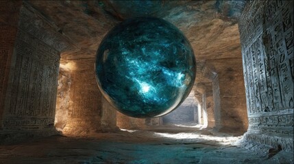 Glowing blue sphere floats in carved corridor with hieroglyphs, soft light at the end