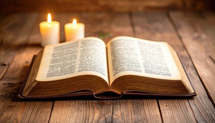 Obraz premium Open Book with Soft Candlelight on Rustic Wooden Table Surface