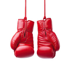 Bright Red Boxing Gloves Hanging on a Hook Against a White Background for Sports and Fitness Concepts