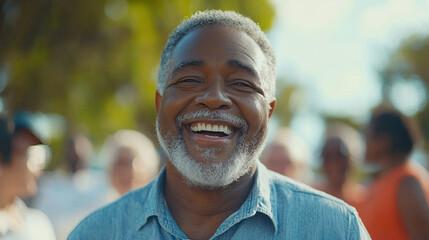 Happy senior man smiling outdoors in joyful gathering
