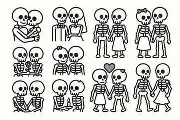 Naklejka premium Día de Muertos Skeletal Couples Coloring Icons, Flat Vector Set
