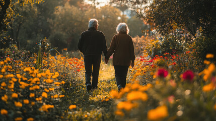 Walking hand in hand through vibrant flower garden
