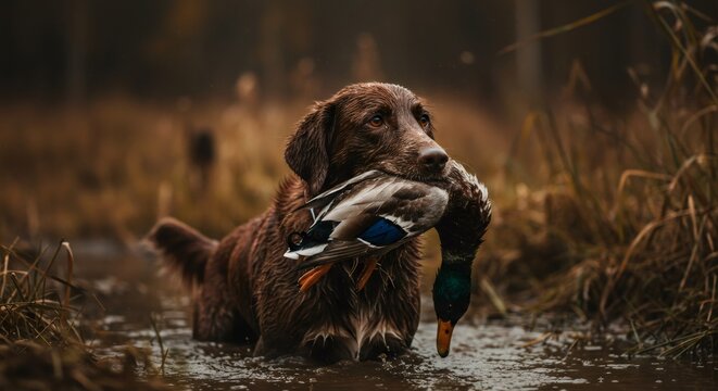 A brown hunting dog stands in water, holding a duck in its mouth. Retriever dog retrieving game bird. Hunting season outdoor activity.