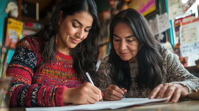 Creative women drawing together in cozy cafe setting - Powered by Adobe