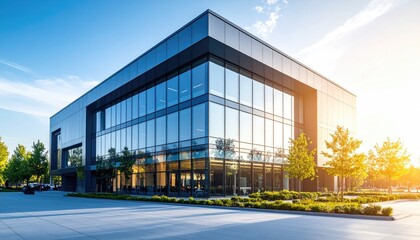 Obraz premium Modern Glass Building with Reflections and Green Surroundings