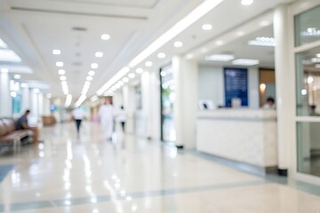 Fototapeta premium Brightly Lit Hospital Corridor with Reception Area and Blurred Background of Patients and Staff