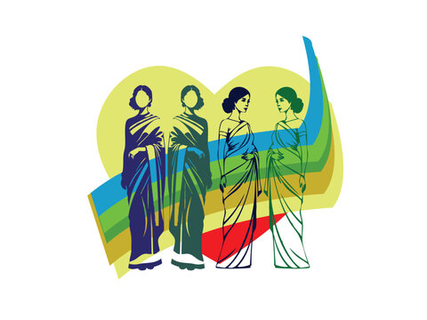 Three Women in Traditional Saris, Colorful Design