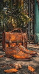 Worn leather shoes and briefcase outdoors