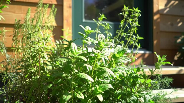 Lush herb garden with wooden house backdrop, bathed in soft, natural daylight