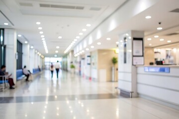 Blurred Perspective of Modern Hospital Corridor with Bright Lighting and Waiting Areas