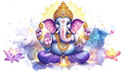 Lord Ganesha, Hindu deity, watercolor art, serene, cosmic background, lotus flowers.