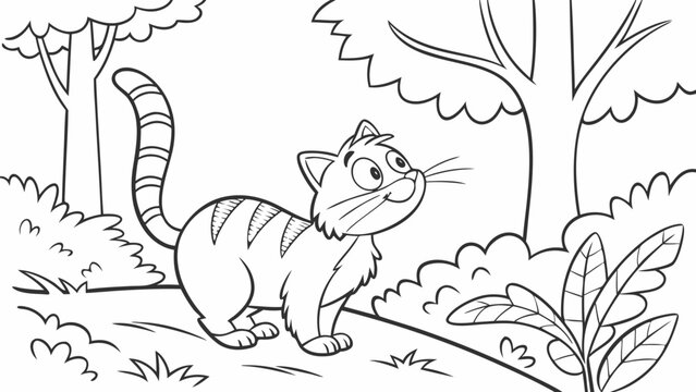 Vector Cartoon funny Cat, funny image in the forest, Coloring book page for children. Line Art isolated on white background