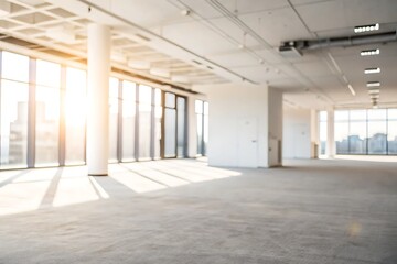 Bright Modern Office Interior with Sunlight Streaming Through Large Windows